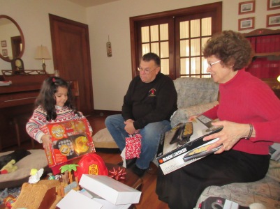 Annelise and Grandma comparing their breakfast making gifts